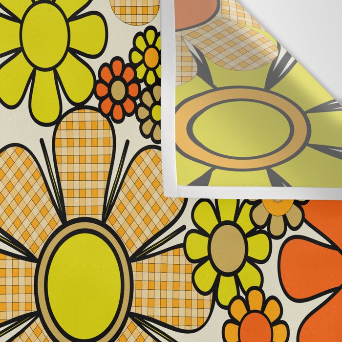 70s Retro Flowers Gingham Floral Pattern Orange Yellow Cream Wall Tapestry Gallery Image 3