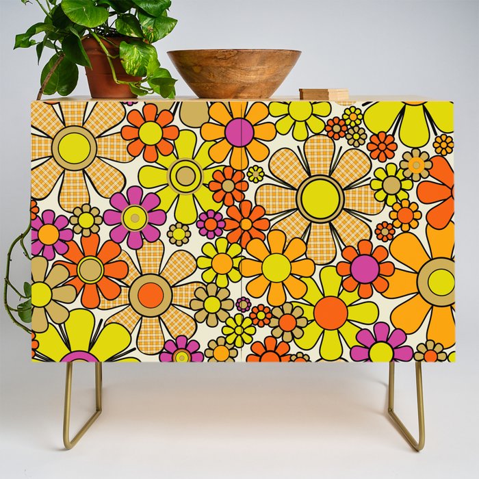 70s Retro Flowers Gingham Floral Pattern Orange Yellow Cream Credenza Gallery Image 1