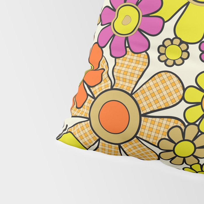 70s Retro Flowers Gingham Floral Pattern Orange Yellow Cream Pillow Sham Gallery Image 4