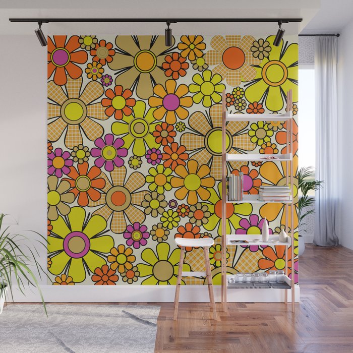 70s Retro Flowers Gingham Floral Pattern Orange Yellow Cream Wall Mural Gallery Image 1