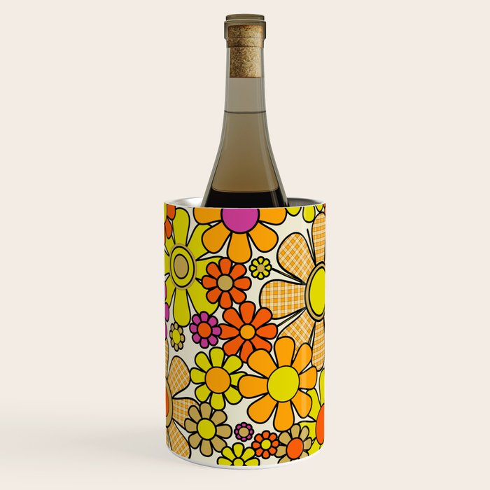 70s Retro Flowers Gingham Floral Pattern Orange Yellow Cream Wine Chiller Gallery Image 1