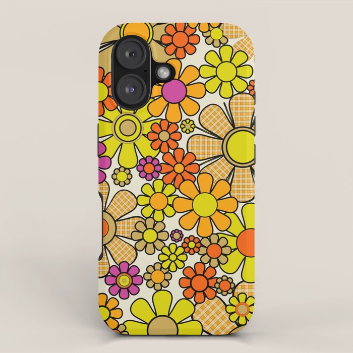 70s Retro Flowers Gingham Floral Pattern Orange Yellow Cream iPhone Case Gallery Image 1