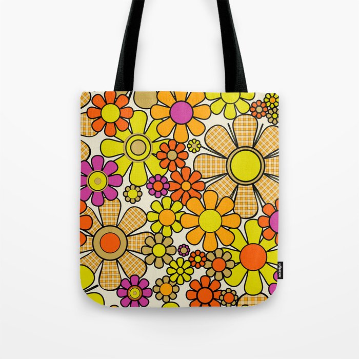 70s Retro Flowers Gingham Floral Pattern Orange Yellow Cream Tote Bag Gallery Image 1