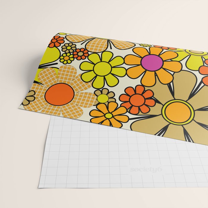 70s Retro Flowers Gingham Floral Pattern Orange Yellow Cream Wrapping Paper Gallery Image 2