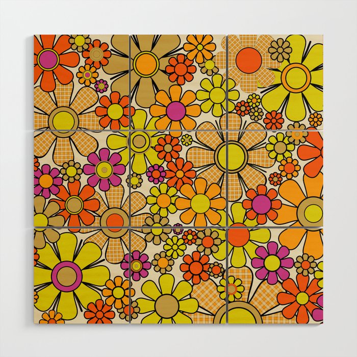 70s Retro Flowers Gingham Floral Pattern Orange Yellow Cream Wood Wall Art Gallery Image 1