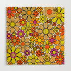 70s Retro Flowers Gingham Floral Pattern Orange Yellow Cream Wood Wall Art Gallery Image 1