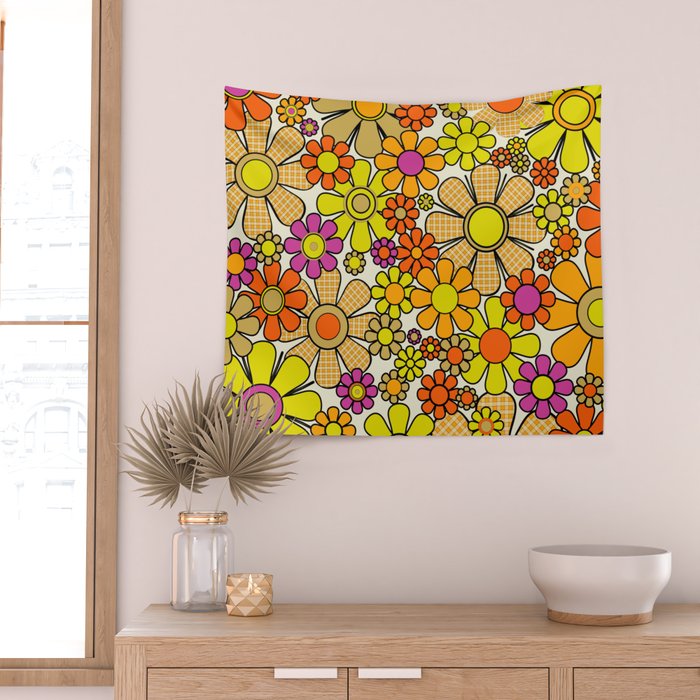 70s Retro Flowers Gingham Floral Pattern Orange Yellow Cream Wall Tapestry Gallery Image 2
