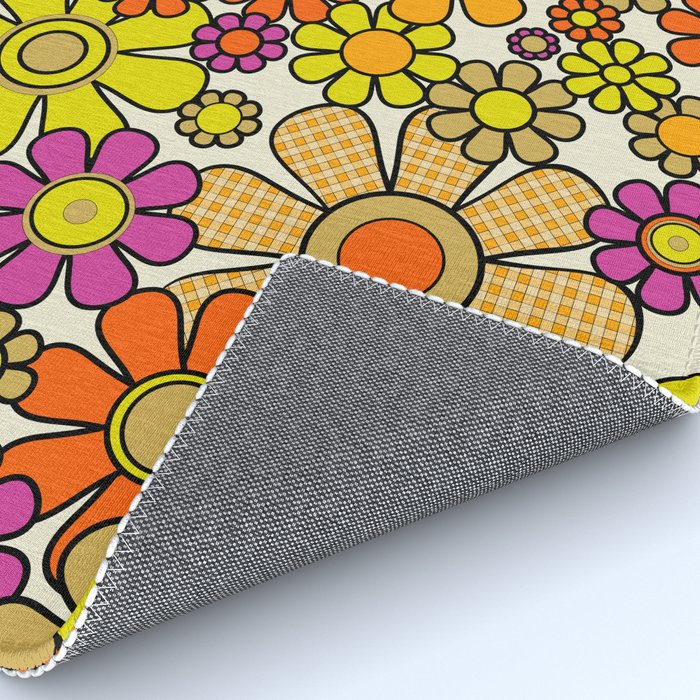 70s Retro Flowers Gingham Floral Pattern Orange Yellow Cream Rug Gallery Image 4