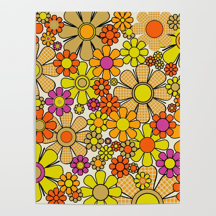 70s Retro Flowers Gingham Floral Pattern Orange Yellow Cream Poster Gallery Image 4