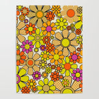 70s Retro Flowers Gingham Floral Pattern Orange Yellow Cream Poster Gallery Image 4