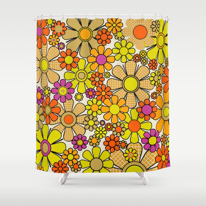 70s Retro Flowers Gingham Floral Pattern Orange Yellow Cream Shower Curtain Gallery Image 1