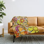 70s Retro Flowers Gingham Floral Pattern Orange Yellow Cream Throw Blanket Gallery Image 1