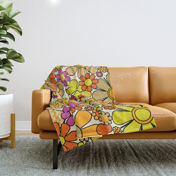 70s Retro Flowers Gingham Floral Pattern Orange Yellow Cream Throw Blanket Gallery Image 1