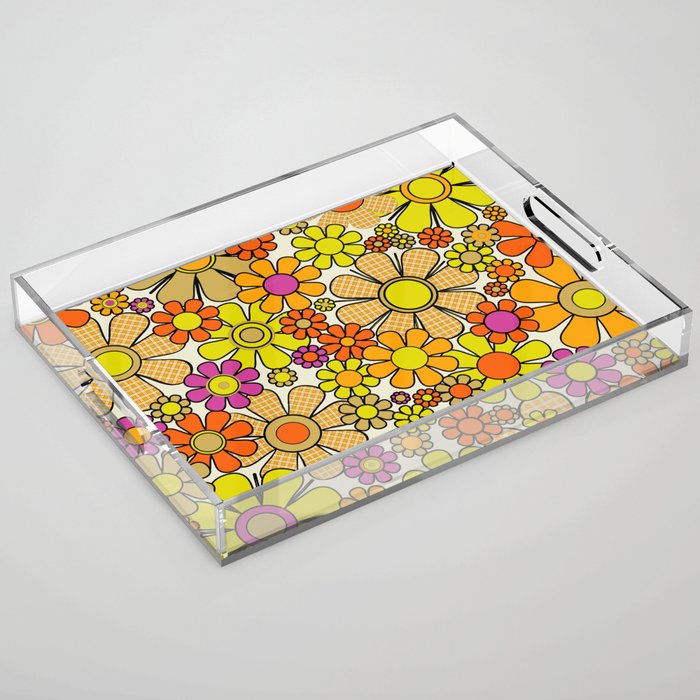 70s Retro Flowers Gingham Floral Pattern Orange Yellow Cream Acrylic Tray Gallery Image 1