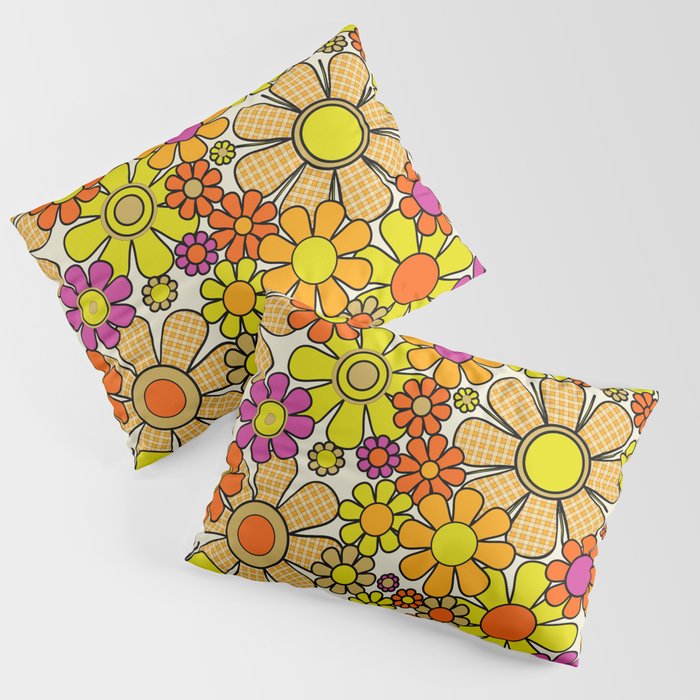 70s Retro Flowers Gingham Floral Pattern Orange Yellow Cream Pillow Sham Gallery Image 3