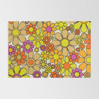 70s Retro Flowers Gingham Floral Pattern Orange Yellow Cream Rug Gallery Image 2