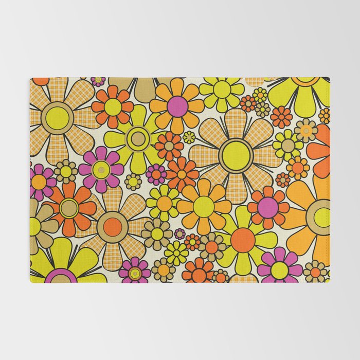 70s Retro Flowers Gingham Floral Pattern Orange Yellow Cream Rug Gallery Image 2