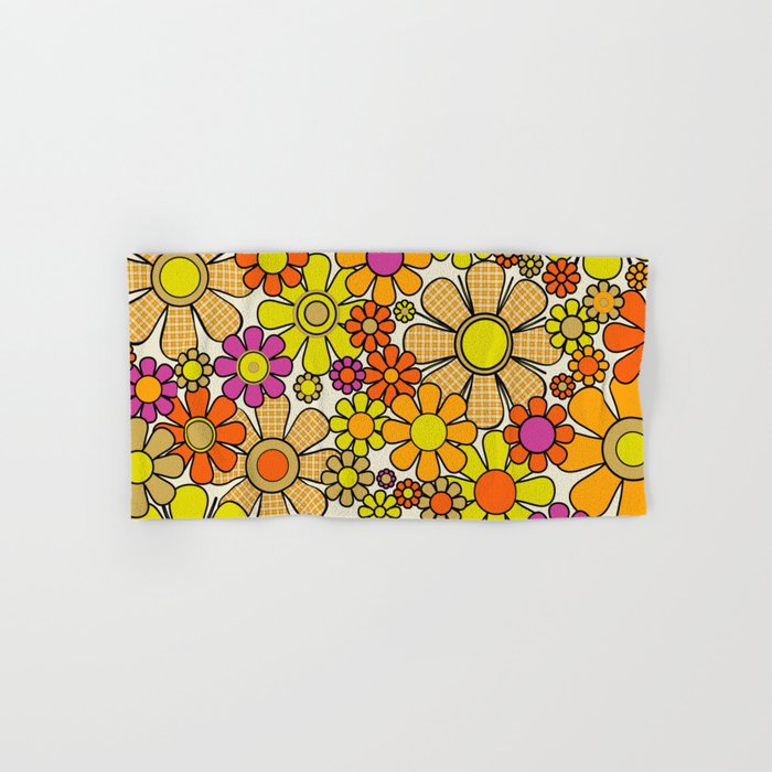 70s Retro Flowers Gingham Floral Pattern Orange Yellow Cream Bath Towel Gallery Image 1