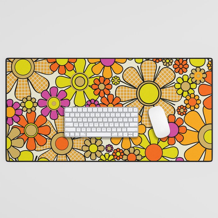 70s Retro Flowers Gingham Floral Pattern Orange Yellow Cream Desk Mat Gallery Image 1