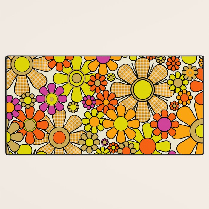 70s Retro Flowers Gingham Floral Pattern Orange Yellow Cream Desk Mat Gallery Image 3