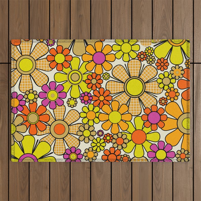 70s Retro Flowers Gingham Floral Pattern Orange Yellow Cream Outdoor Rug Gallery Image 1