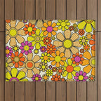 70s Retro Flowers Gingham Floral Pattern Orange Yellow Cream Outdoor Rug Gallery Image 1