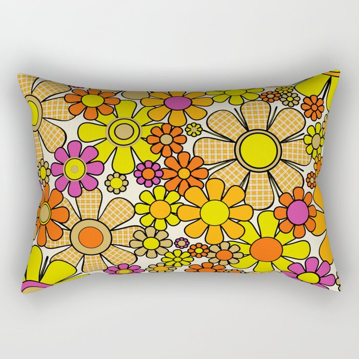 70s Retro Flowers Gingham Floral Pattern Orange Yellow Cream Rectangular Pillow Gallery Image 2