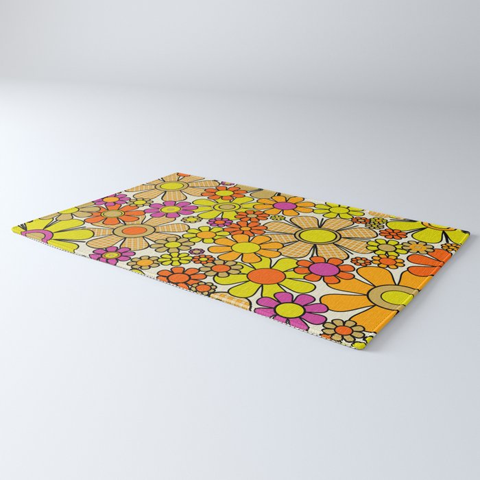70s Retro Flowers Gingham Floral Pattern Orange Yellow Cream Rug Gallery Image 3