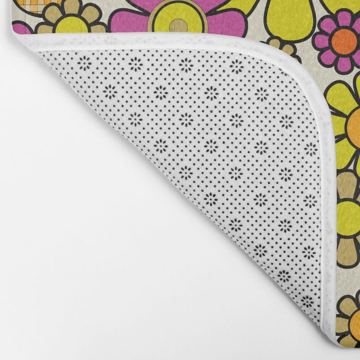 70s Retro Flowers Gingham Floral Pattern Orange Yellow Cream Bath Mat Gallery Image 2