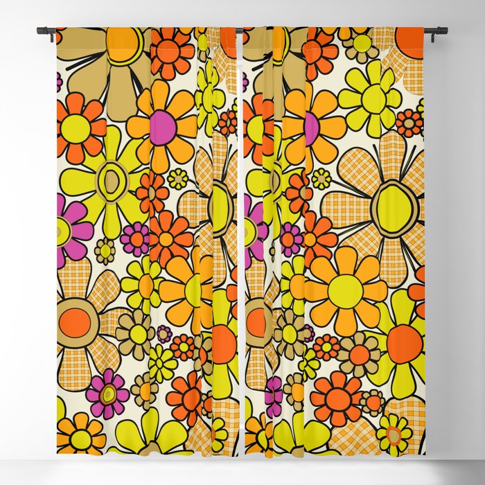 70s Retro Flowers Gingham Floral Pattern Orange Yellow Cream Window Curtain Gallery Image 1