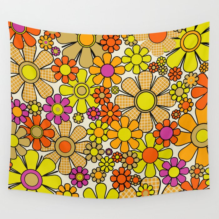 70s Retro Flowers Gingham Floral Pattern Orange Yellow Cream Wall Tapestry Gallery Image 1