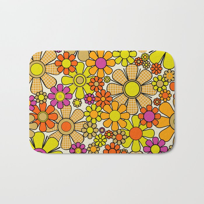 70s Retro Flowers Gingham Floral Pattern Orange Yellow Cream Bath Mat Gallery Image 1