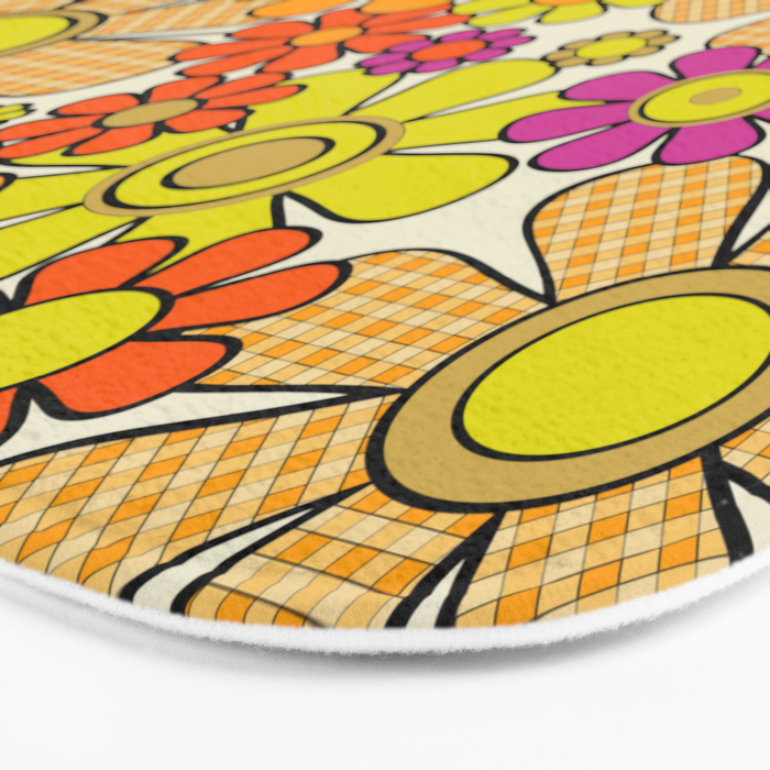 70s Retro Flowers Gingham Floral Pattern Orange Yellow Cream Bath Mat Gallery Image 3