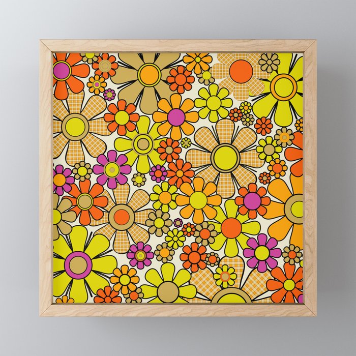 70s Retro Flowers Gingham Floral Pattern Orange Yellow Cream Mini Art Print Gallery Image 1