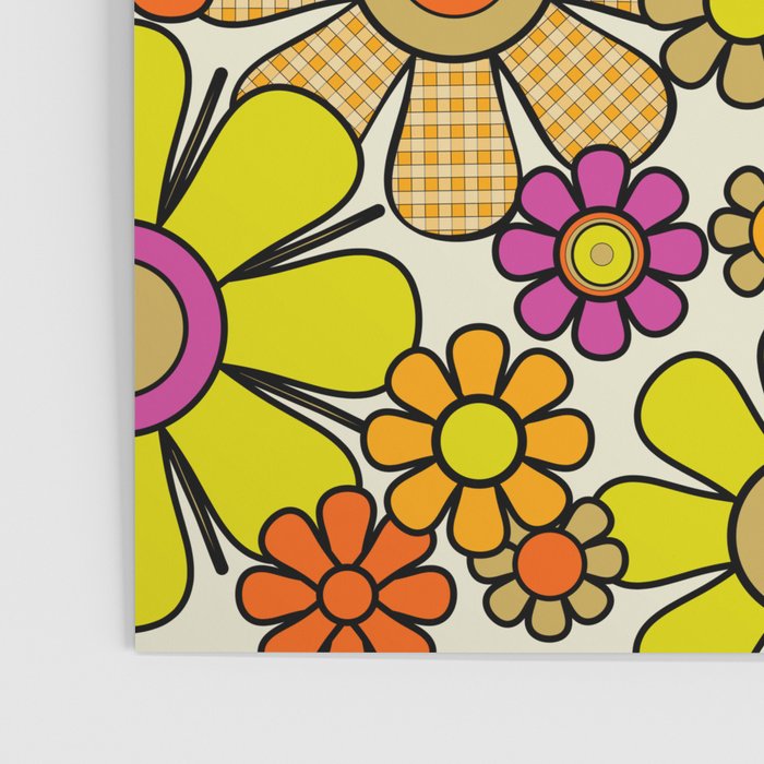 70s Retro Flowers Gingham Floral Pattern Orange Yellow Cream Poster Gallery Image 3
