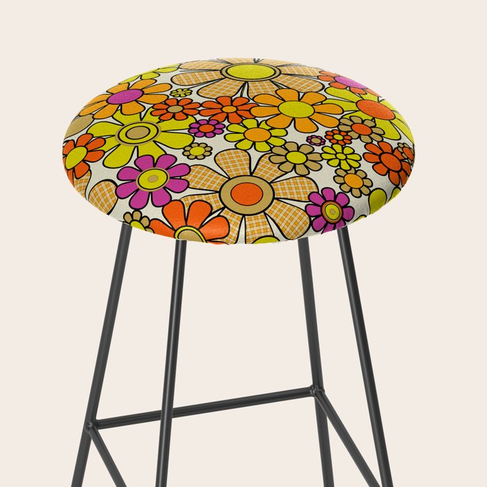 70s Retro Flowers Gingham Floral Pattern Orange Yellow Cream Stool Gallery Image 2