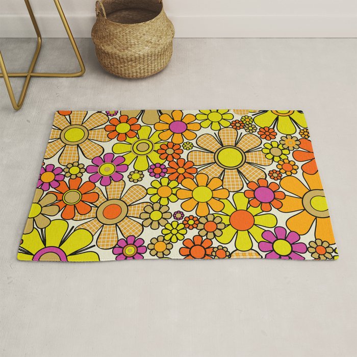 70s Retro Flowers Gingham Floral Pattern Orange Yellow Cream Rug Gallery Image 1