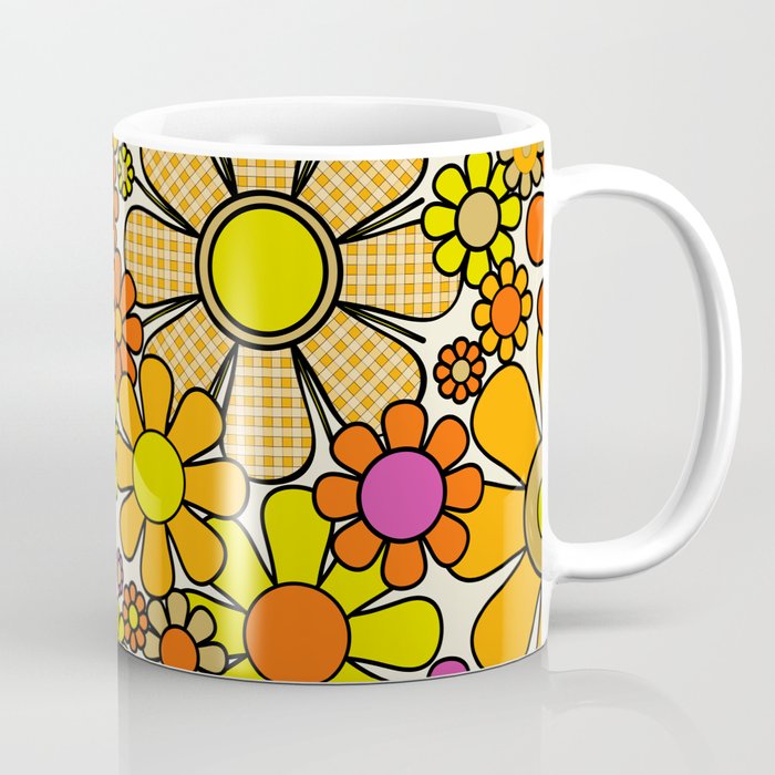 70s Retro Flowers Gingham Floral Pattern Orange Yellow Cream Coffee Mug Gallery Image 1