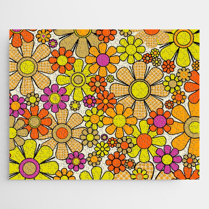 70s Retro Flowers Gingham Floral Pattern Orange Yellow Cream Jigsaw Puzzle Gallery Image 1