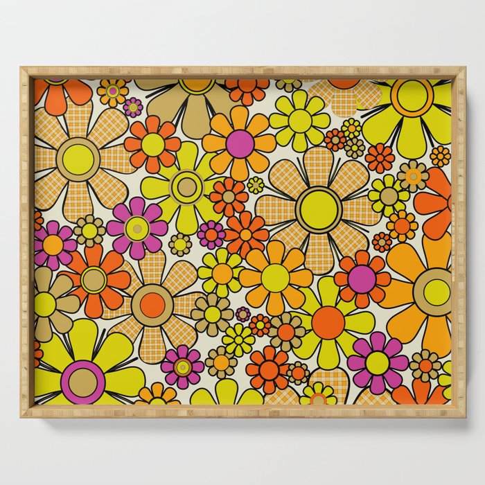 70s Retro Flowers Gingham Floral Pattern Orange Yellow Cream Serving Tray Gallery Image 1
