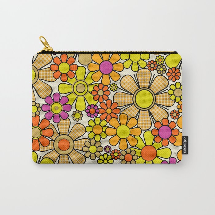 70s Retro Flowers Gingham Floral Pattern Orange Yellow Cream Carry All Pouch Gallery Image 1