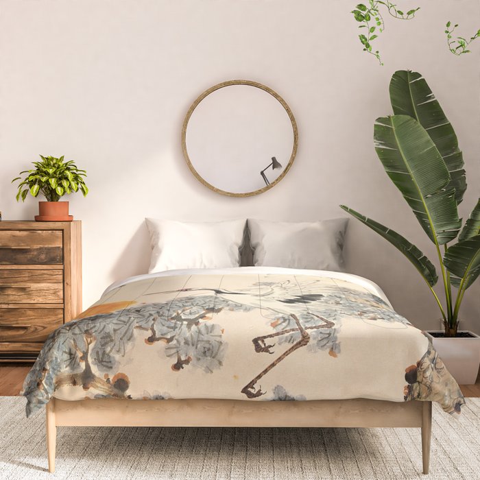 Traditional Asian Calligraphy Sunrise Cranes Painting Comforter Gallery Image 3