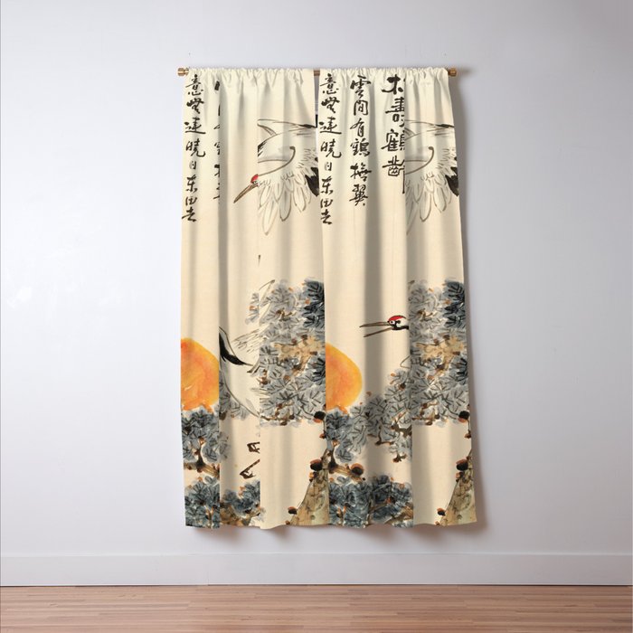 Traditional Asian Calligraphy Sunrise Cranes Painting Window Curtain Gallery Image 3