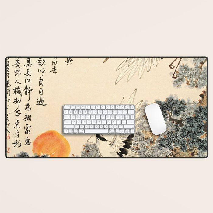 Traditional Asian Calligraphy Sunrise Cranes Painting Desk Mat Gallery Image 1