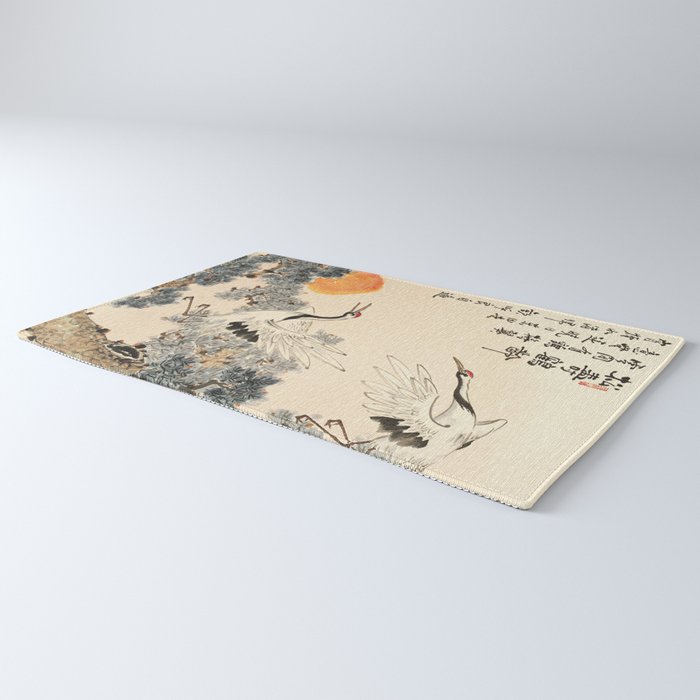 Traditional Asian Calligraphy Sunrise Cranes Painting Rug Gallery Image 3