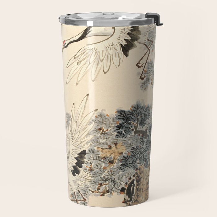 Traditional Asian Calligraphy Sunrise Cranes Painting Travel Mug Gallery Image 2