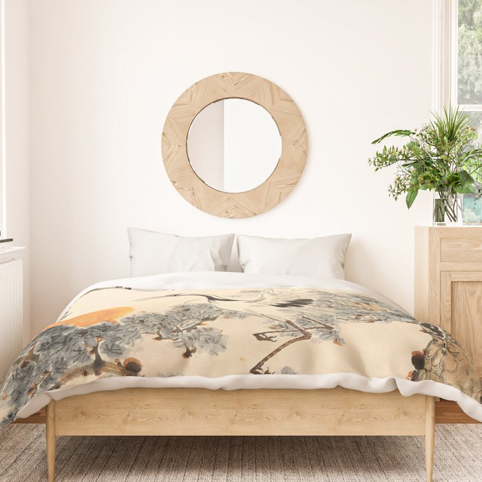 Traditional Asian Calligraphy Sunrise Cranes Painting Duvet Cover Gallery Image 3