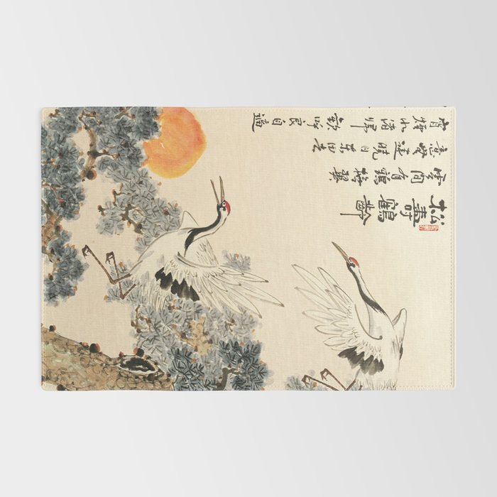 Traditional Asian Calligraphy Sunrise Cranes Painting Rug Gallery Image 2