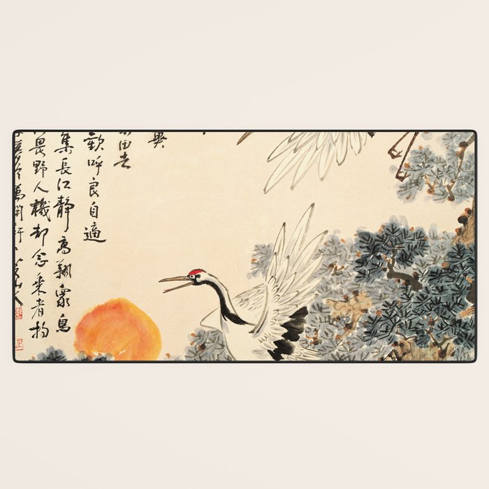Traditional Asian Calligraphy Sunrise Cranes Painting Desk Mat Gallery Image 3