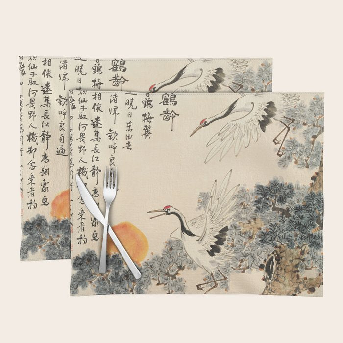 Traditional Asian Calligraphy Sunrise Cranes Painting Placemat Gallery Image 1